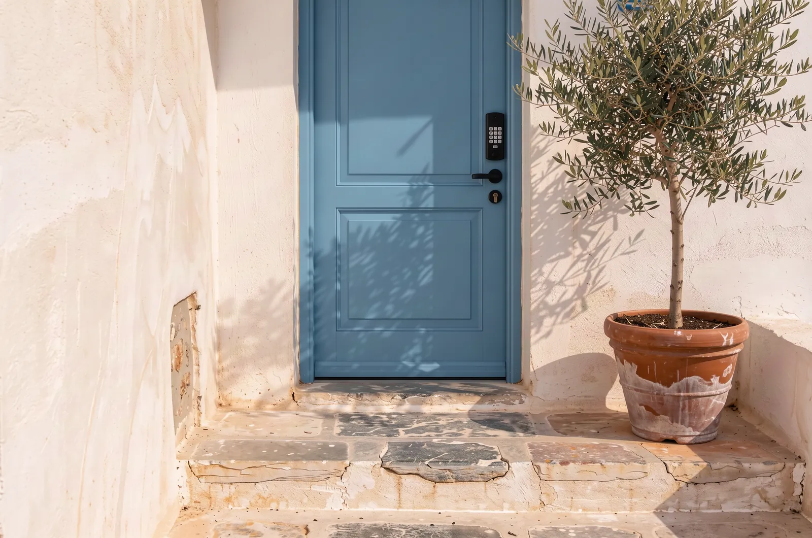 Γαλάζια εξώπορτα με ηλεκτρονική κλειδαριά με πληκτρολόγιο και ελιά σε γλάστρα